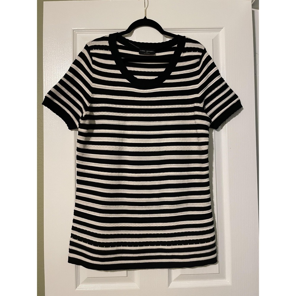 Lane Bryant Sweater Womens 14/16‎ Black White Stripe Crew Neck Short Sleeve Knit